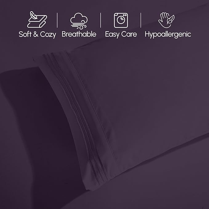 Elegant Comfort Luxurious 1500 Premium Hotel Quality Microfiber Three Line Embroidered Softest 4-Piece Bed Sheet Set, Wrinkle and Fade Resistant, King, Eggplant-Purple