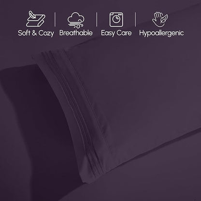 Elegant Comfort Luxurious 1500 Premium Hotel Quality Microfiber Three Line Embroidered Softest 4-Piece Bed Sheet Set, Wrinkle and Fade Resistant, King, Eggplant-Purple