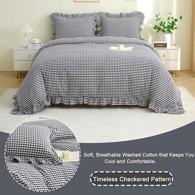 Black/White Checkered Ruffle 3-Piece Duvet Cover Set Twin Size,Washed Cotton Shabby Gingham Plaid Bedding Set Farmhouse Comforter Set(Twin,Black/White)
