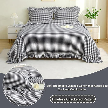 Black/White Checkered Ruffle 3-Piece Duvet Cover Set Twin Size,Washed Cotton Shabby Gingham Plaid Bedding Set Farmhouse Comforter Set(Twin,Black/White)