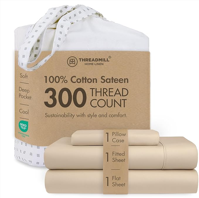 Threadmill Cotton Twin XL Sheet Set | 100% Cotton Sheets for Twin XL Size Bed | Solid Sateen Twin XL Bed Sheets Set with 16” Deep Pocket | Soft Breathable 3-Piece Cooling Sheet Set | Beige