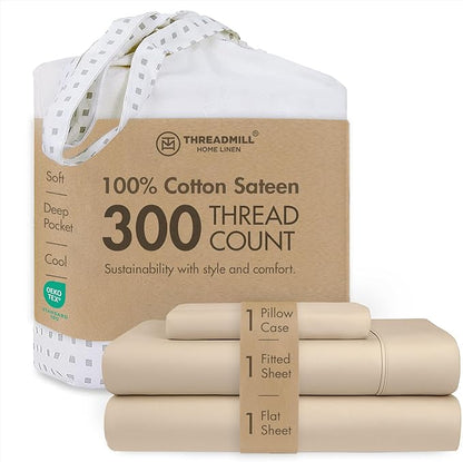 Threadmill Cotton Twin XL Sheet Set | 100% Cotton Sheets for Twin XL Size Bed | Solid Sateen Twin XL Bed Sheets Set with 16” Deep Pocket | Soft Breathable 3-Piece Cooling Sheet Set | Beige