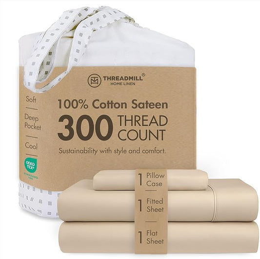 Threadmill Cotton Twin XL Sheet Set | 100% Cotton Sheets for Twin XL Size Bed | Solid Sateen Twin XL Bed Sheets Set with 16” Deep Pocket | Soft Breathable 3-Piece Cooling Sheet Set | Beige