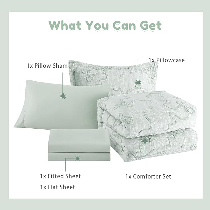 Geniospin Light Green Twin Comforter Set for Girls- 5 Pieces Bowknot Jacquard Bed in A Bag Twin Bedding Sets with Sheets, Pillowcases & Shams, All Season Kids Comforter Set