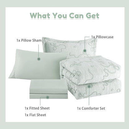 Geniospin Light Green Twin Comforter Set for Girls- 5 Pieces Bowknot Jacquard Bed in A Bag Twin Bedding Sets with Sheets, Pillowcases & Shams, All Season Kids Comforter Set