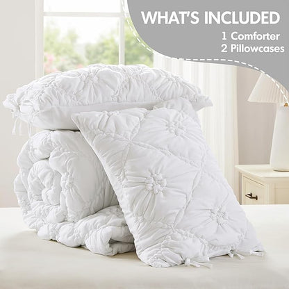 Intelligent Design King Comforter Set – White Lily Puffy Floral Shabby Chic Boho Bedding Comforter Set, Pinch Pleat Bedding Sets, Ultra-Soft, Lightweight & All-Season, King/Cal K