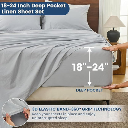 Bedlifes 100% French Flax Linen Sheets Set King Size - 6 Piece Extra Deep Pocket 18-24",Soft Breathable King Bed Sheets with Temperature Regulating & Moisture-Wicking(Grey