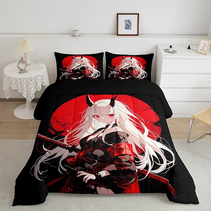 Erosebridal Twin Japanese Anime Bedding Set for Kids, Anime Girl Comforter Set Kawaii Japanese Style Duvet Insert Cartoon Japan Animation Quilt for Boys Teens Adult Women Bedroom, Red Black