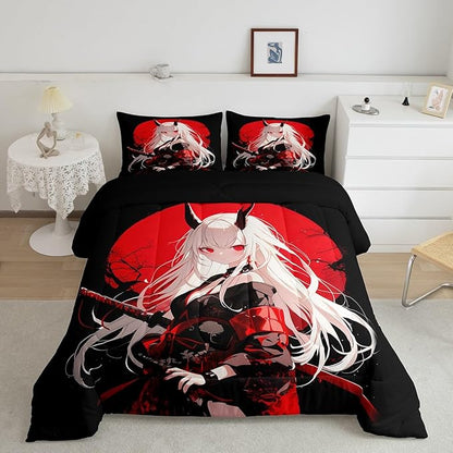 Erosebridal Queen Japanese Anime Bedding Set for Kids, Anime Girl Comforter Set Kawaii Japanese Style Duvet Insert Cartoon Japan Animation Quilt for Boys Teens Adult Women Bedroom, Red Black