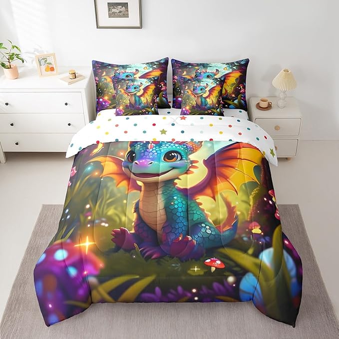 Cartoon Dragon Bed in a Bag Comforter Set,Western Magical Animal Full Size 7 Pieces for Kids,Cute Jungle Mushroom Botanical Bedding Set with Comforter, Sheet Set, Pillowcases, Pillow Covers
