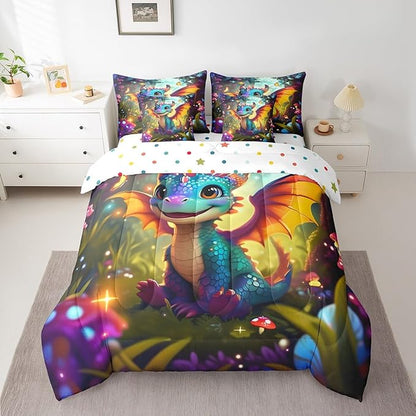 Cartoon Dragon Bed in a Bag Comforter Set,Western Magical Animal Twin Size 7 Pieces for Kids,Cute Jungle Mushroom Botanical Bedding Set with Comforter, Sheet Set, Pillowcases, Pillow Covers