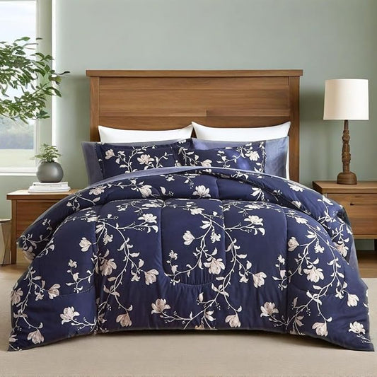 AIKASY Bed in a Bag King Comforter Set，7 Pieces Floral Comforter Set Bedding Sets with (1 Comforter, 2 Pillow Shams, 1 Flat Sheet, 1 Fitted Sheet, 2 Pillowcases) (Navy, King)