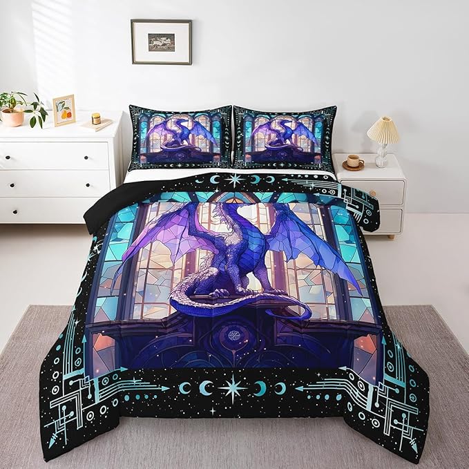 Feelyou Dragon Comforter Set Toddler Size Dragon Stuff Comforter for Boys Girls Teens Modern Bedding Set Dragon Decor Duvet Set Room Decor Purple Quilt Set