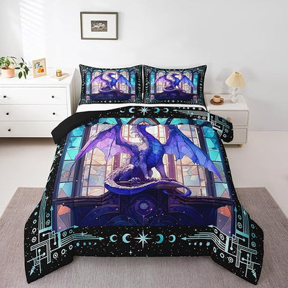 Feelyou Dragon Comforter Set Toddler Size Dragon Stuff Comforter for Boys Girls Teens Modern Bedding Set Dragon Decor Duvet Set Room Decor Purple Quilt Set