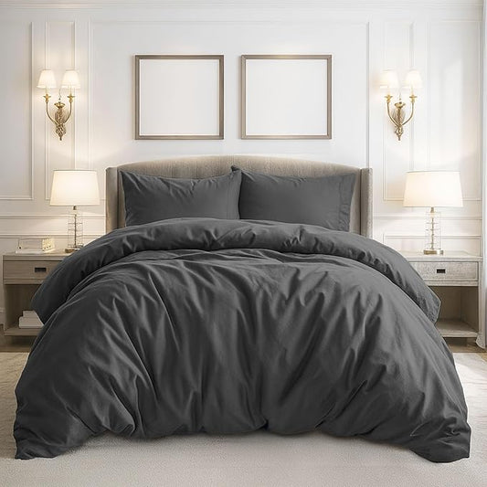Pure Bedding Duvet Cover Queen Size - 3 Pieces Extra Soft Bedding Set, Includes 1 Duvet Cover 90x90 Inches with Zipper Closure & 2 Pillow Shams, Comforter Not Included, Dark Grey