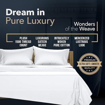 TEXAS LINEN CO. 100% Egyptian Cotton Sheets California King Size - 1500 Thread Count Cal King Sheet Set Egyptian Cotton, 4 PC Luxury Bedsheet (White), Soft, Cooling, 17" Deep Pocket Bedsheet Set
