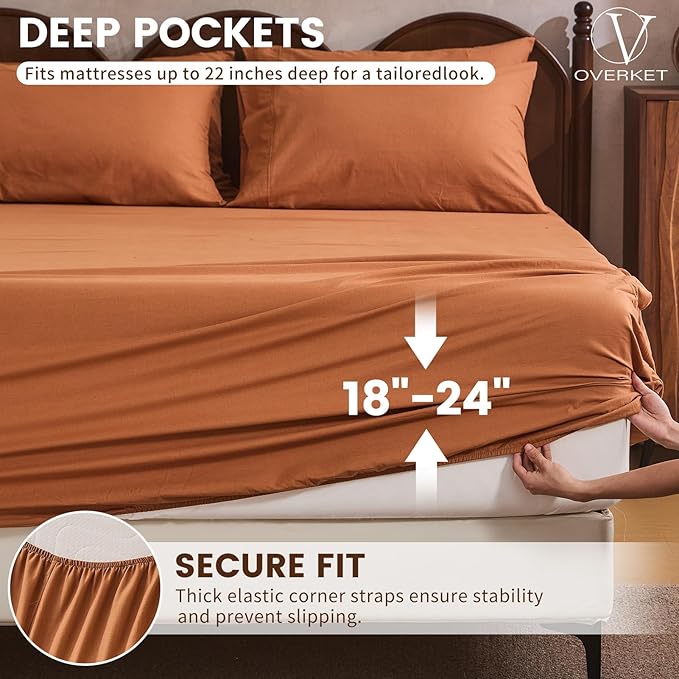 100% Linen Sheet Set Queen Size Extra Deep Pocket Fits 18-24 Inch Mattress, Breathable & Soft, Smooth 6-Piece Set for Thick Mattresses Hotel Luxury Bedding（Queen, Brown）