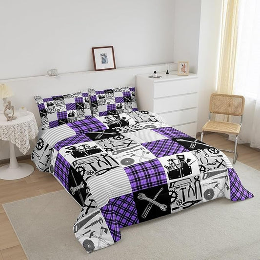 Kids Girls Cars Comforter Set Wrench Repair Outfit Bedding Set Farmhouse Gingham Check Bedding Home Decor Gray Purple Comforter Twin Size 2 Pieces Quilted Duvet Set with 1 Pillowcase