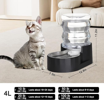 RIZZARI 4L Gravity Cat Water Dispenser: Filtered Hydration for Indoor Cats | Activated Carbon Filter / Stainless Steel Bowl / Apartment Friendly / Bedroom & Kitchen Use / Easy Cleaning/Helps Reduce Odor