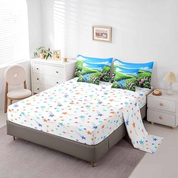 jejeloiu Cute Anime Floral Bedding Set 7Pcs Queen Size Kids Tulip Floral Comforter Set with Sheets for Boys Girls Flower River Bed in a Bag Soft Lightweight,Microfiber