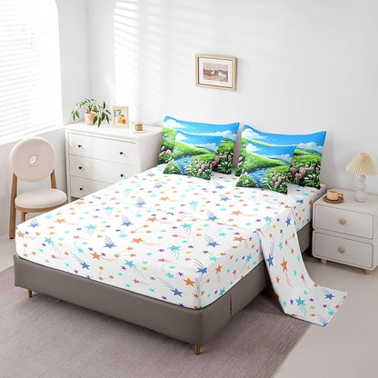 jejeloiu Cute Anime Floral Bedding Set 7Pcs Twin Size Kids Tulip Floral Comforter Set with Sheets for Boys Girls Flower River Bed in a Bag Soft Lightweight,Microfiber