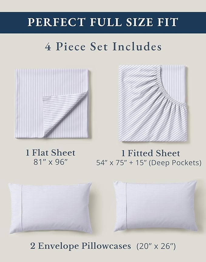 LANE LINEN 100% Organic Cotton Full Sheet Set, Low Pilling Fade Resistant Machine Washable Naturally Cooling Full Bed Sheets, Soft & Comfy Printed Cotton Bedding- Blue Ticking Stripe