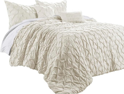 Lush Decor Ravello Pintuck Comforter Set - Luxe 5 Piece Textured Bedding Set - Traditional Glam & Farmhouse Inspired Bedroom Decor - Full/ Queen, Ivory