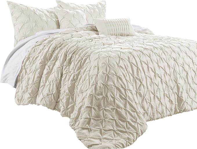 Lush Decor Ravello Pintuck Comforter Set - Luxe 5 Piece Textured Bedding Set - Traditional Glam & Farmhouse Inspired Bedroom Decor - King, Ivory