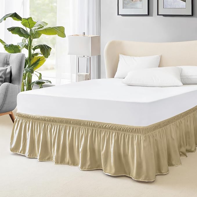 FreshCulture Queen Bed Skirt, Elastic Wrap Around Bed Skirt Queen Size, Bed Skirts for Adjustable Bed, Easy Fit with 15-Inch Tailored Drop, Hotel Quality Dust Ruffle for Queen Bed (Beige)