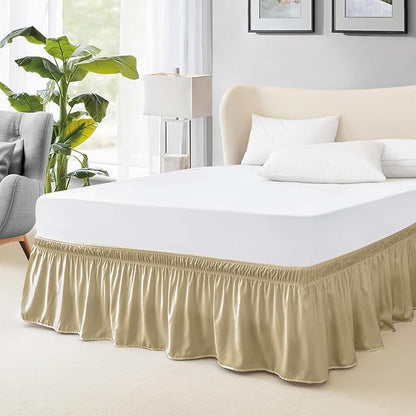 FreshCulture Queen Bed Skirt, Elastic Wrap Around Bed Skirt Queen Size, Bed Skirts for Adjustable Bed, Easy Fit with 15-Inch Tailored Drop, Hotel Quality Dust Ruffle for Queen Bed (Beige)