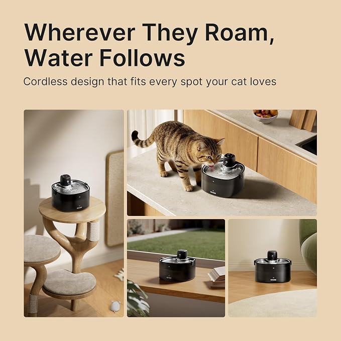 Cordless Cat Water Fountain, 78oz/2.3L, Battery Operated, Silver | Stainless Steel Tray, Rechargeable 4000mAh, Wireless, Motion Sensor, Ultra-Quiet Pump, Locking Lid, Automatic Fountain
