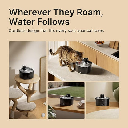 Cordless Cat Water Fountain, 78oz/2.3L, Battery Operated, Silver | Stainless Steel Tray, Rechargeable 4000mAh, Wireless, Motion Sensor, Ultra-Quiet Pump, Locking Lid, Automatic Fountain