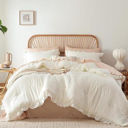 JANZAA Twin Comforter Set Creamy White Ruffle Comforter with 1 Pillowcase Soft Twin Size Bed Set Vintage Farmhouse Bed Comforter Set Fluffy Shabby Chic Bedding for All Season
