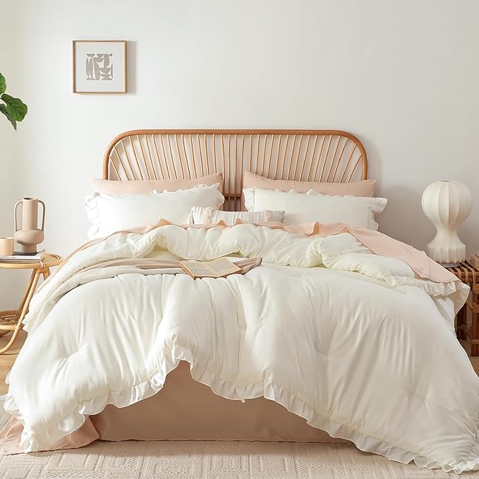 JANZAA King Comforter Set Creamy White Ruffle Comforter with 2 Pillowcase Soft King Size Bed Set Vintage Farmhouse Bed Comforter Set Fluffy Shabby Chic Bedding for All Season