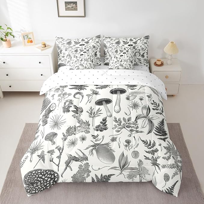 Castle Fairy Retro Jungle Mushroom Comforter Set Bed in a Bag 7 Pieces Twin,Wild Leaves Flowers Bedding Set,Rustic Botanical Plants (Comforter+Fitted+Flat Sheet+2 Pillowcases+2 Throw Pillow Covers)