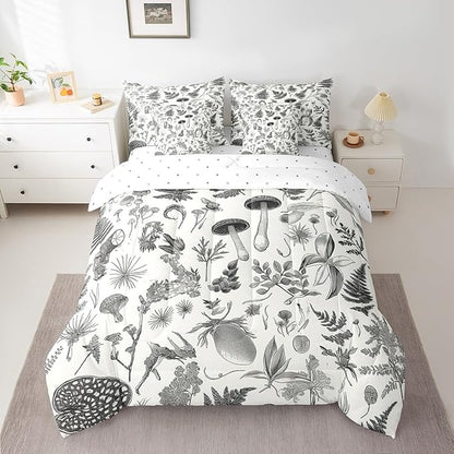 Castle Fairy Retro Jungle Mushroom Comforter Set Bed in a Bag 7 Pieces Twin,Wild Leaves Flowers Bedding Set,Rustic Botanical Plants (Comforter+Fitted+Flat Sheet+2 Pillowcases+2 Throw Pillow Covers)