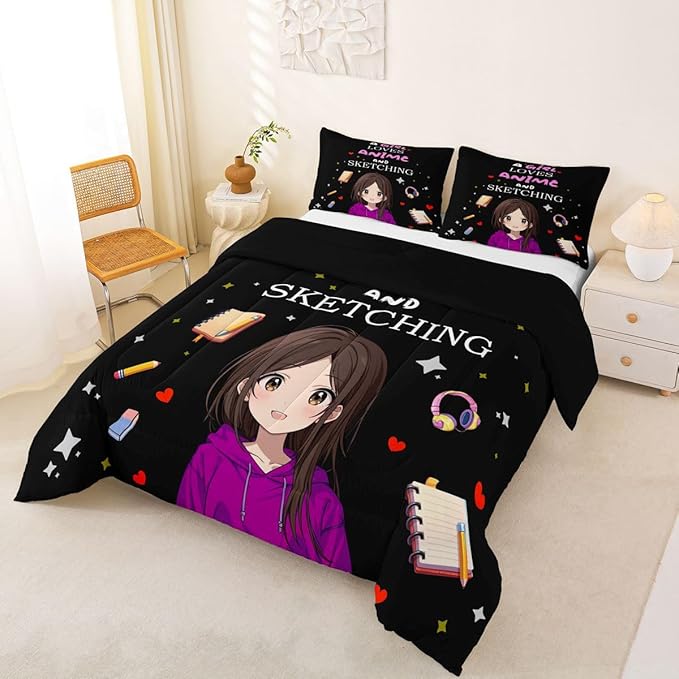 Erosebridal Japanese Girl Bedding Set Anime Cartoon Full Down Comforter Japanese Style Girly Black Comforter Set Aesthetic Cool Anime Modern Art Quilt Set for Kids Bedroom Decor