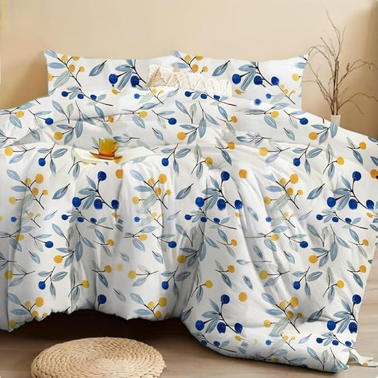 SDIII 3PCS Blue Floral Comforter Set Queen, Soft Microfiber Lightweight Blue Floral Comforter Queen, Vintage Coquette Bedding Quilt Set for All Season