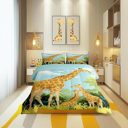 Cartoon Giraffe Comforter Set King Size for Kids Cute Tropical Wild Animal Bedding Sets All Season Blue Sky Jungle Trees Quilt Set Bedroom Decor Tallest Neck Animal Down Comforter,3Pcs