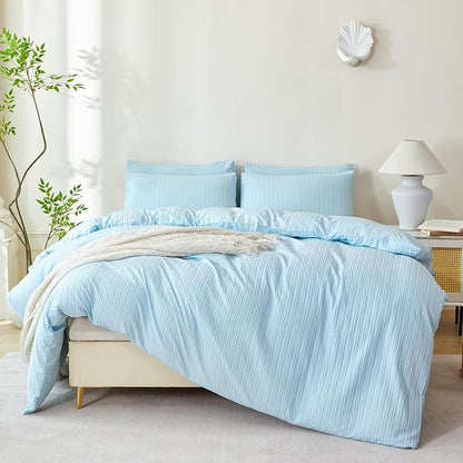 Light Blue Striped Comforter Set Queen Soft Luxury Washed Microfiber Jacquard 3 Pieces Bedding, Blue Vertical Ticking Stripes Comforter with 2 Pillowcases Breathable Durable Comfy