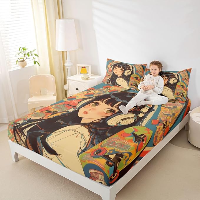 Erosebridal 3Pcs Anime Bedding Set Fashion Street Girls Fitted Sheet 3D Cartoon Printed Comfortable Soft Bed Sheets for Kids Boys Girls Teens Tattoo Watercolor Art Japanese Style Sheets Full Size