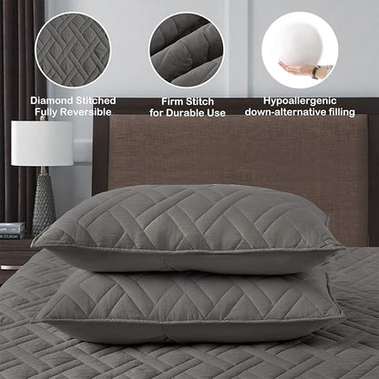 HORIMOTE HOME Quilt Set Twin Size Grey, Classic Geometric Diamond Stitched Pattern, Microfiber Ultra Soft Lightweight Bedspread Coverlet for All Season, 2 Piece Includes 1 Quilt and 1 sham