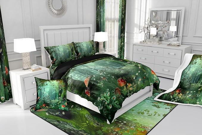 Erosebridal Magical Comforter Set Full Size, Mushroom Bedding Set for Girls Women Kids Teens, Daisy Leaves Branches Sunset Nature Duvet Insert, Cute Style Soft Warm Quilted Duvet Bedroom Decor, Green