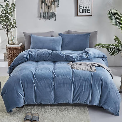 Cottonight Velvet Comforter Set - California King, Lake Blue Flannel Bedding - Thick Heavyweight, Warm Blanket Quilts - Winter 3 Piece Set for Cal King Bed