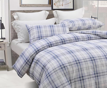 SLEEPBELLA Blue White Grid Duvet Cover Set, 100% Cotton Bedding, Buffalo Plaid Geometric Checker Pattern, with Button Closure (3pcs, Queen Size)