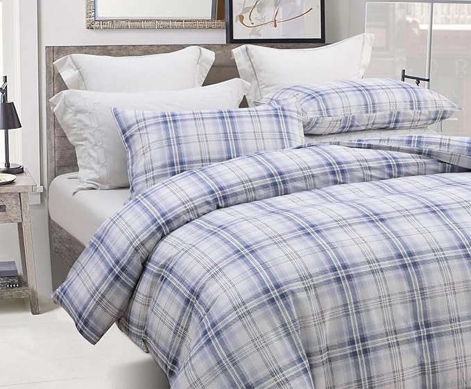 SLEEPBELLA Blue White Plaid Duvet Cover Set, 100% Cotton Bedding, Buffalo Grid Geometric Checker Pattern, with Button Closure (3pcs, King Size)