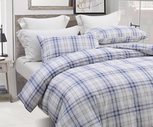 SLEEPBELLA Blue White Plaid Duvet Cover Set, 100% Cotton Bedding, Buffalo Grid Geometric Checker Pattern, with Button Closure (3pcs, King Size)