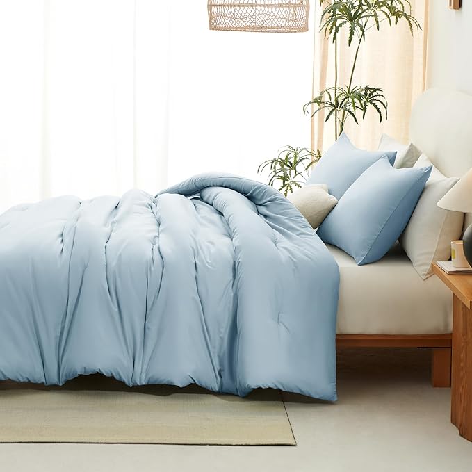 CozyLux Queen Comforter Set Light Blue, 3 Pieces Solid Comforters Queen Size Breathable Bedding Sets, Luxury Soft Lightweight Bed Set with Down Alternative Comforter and 2 Pillowcases for All Seasons