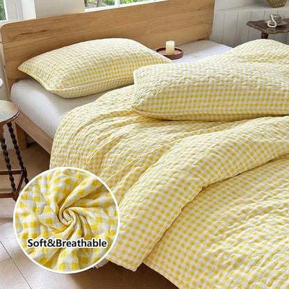 Yellow Gingham King Quilt Set, Soft Pre-washed Microfiber Yellow Plaid King Bedspread, Lightweight Checked Summer Quilt, Grid Bedding Coverlets for All Seasons (Includes 1 Quilt, 2 Pillow Shams)