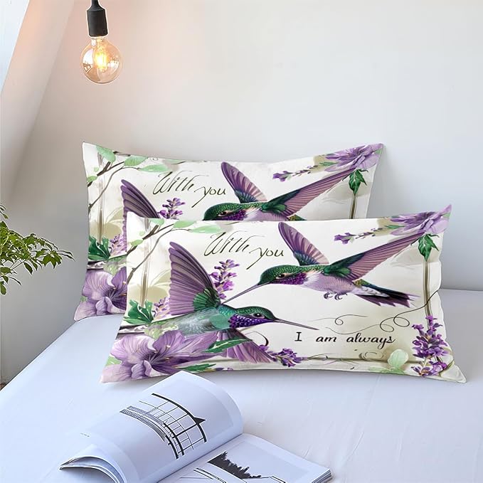 Hummingbird Comforter Set Queen Size Purple Floral Bird Bedding Set Tropical Birds Comforter Modern Aesthetic Bedding Teen Girls Boys Soft Down Alternative Comforter Sets for All Season
